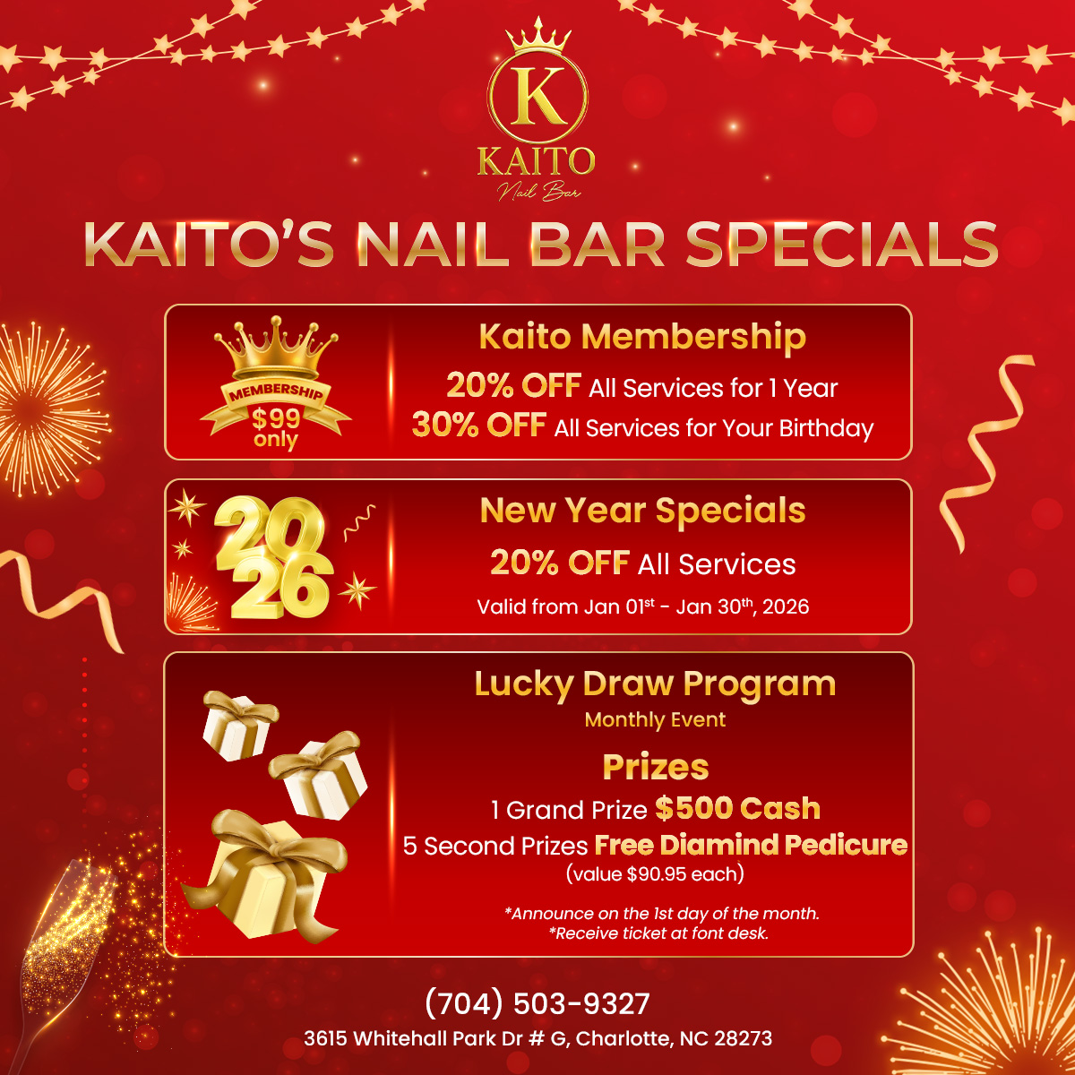 Limited time nail enhancement promotion at Kaito's Nail Bar Charlotte